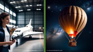 Ein zweigeteiltes Bild, in der Mitte durch einen grünen Balken getrennt. Rechts ein Heißluftballon vor dem Hintergrund des dunkelblauen Weltalls. Links ein weißes Space-Shuttle, direkt daneben sieht man eine braunhaarige Ingenieurin im Handwerker-Outfit.
