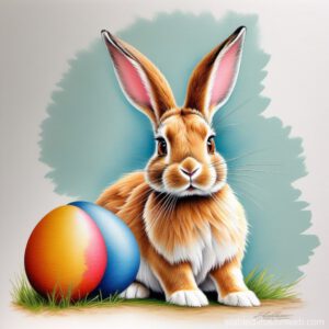 Ein braunes Oster-Kaninchen, neben dem ein orangefarbenes und ein blaues Ei liegen. Farbzeichnung.