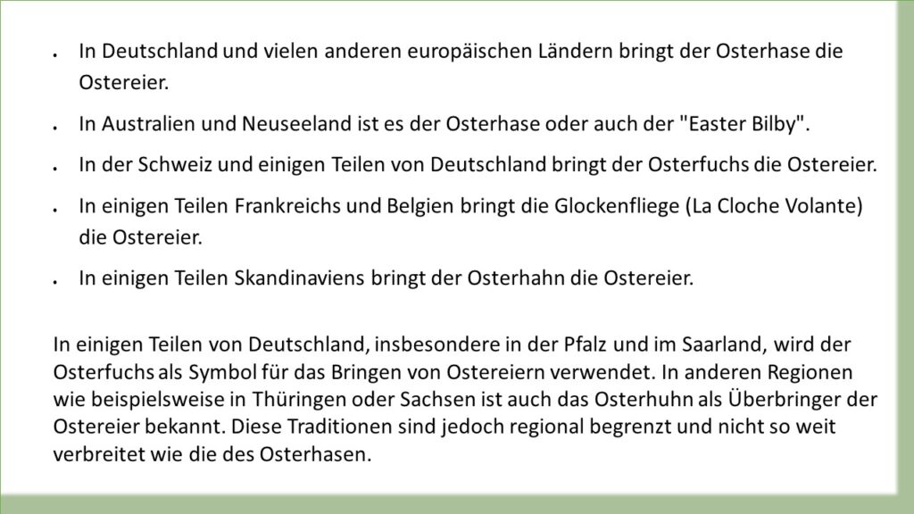 Aufzählung, in welcher Region in Deutschland welches Tier die Ostereier bringt. Dazu gehören Osterhase, Osterfuchs und Osterhahn.