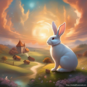 Ein weisses Kaninchen sitzt auf einer grünen Wiese. Das Abendrot leuchtet in orange. Im Hintergrund ein kleines Dorf mit Häusern. Realistische Zeichnung.