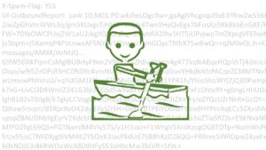 Eine grüne Comic-Strichzeichnung aus Powerpoint: Ein Männchen sitzt in einem Boot und hat Ruder in der Rand. Im Hintergrund grau einige Textzeilen aus den Unzustellbar-Emails, kaum zu lesen.