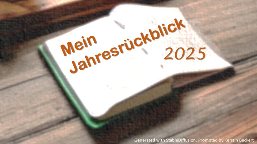 Bild eines aufgeschlagenen Tagesterminers. Dieses wurde in braun-orange eingefärbt und trägt eine weisse Aufschrift. Text: "Mein Jahresrückblick 2025"
